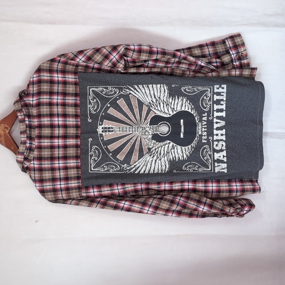 Pie in the Sky Red Tan Plaid Button Up Long Sleeve Graphic Back 1x NWT - Picture 4 of 4